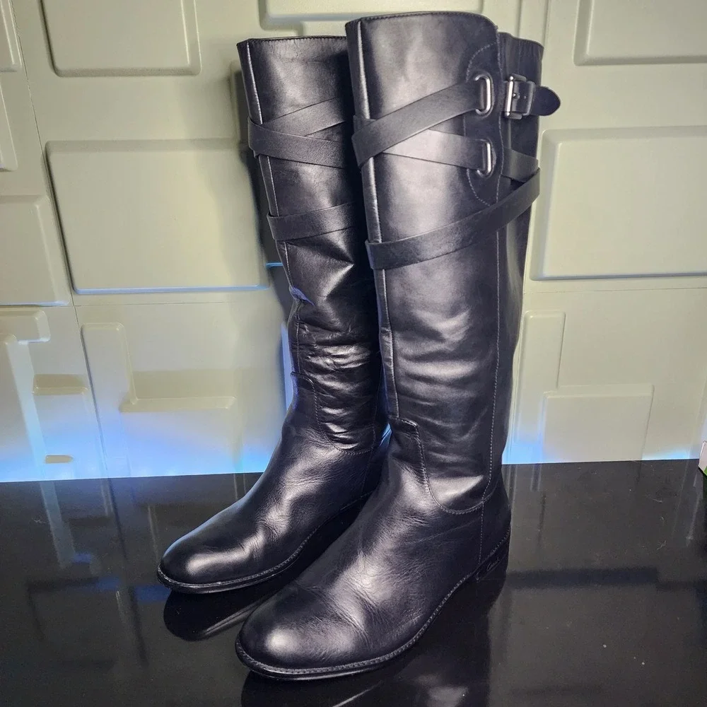 Coach Cayden Riding Boots Women 10B Black Leather Buckle Strap Excellent